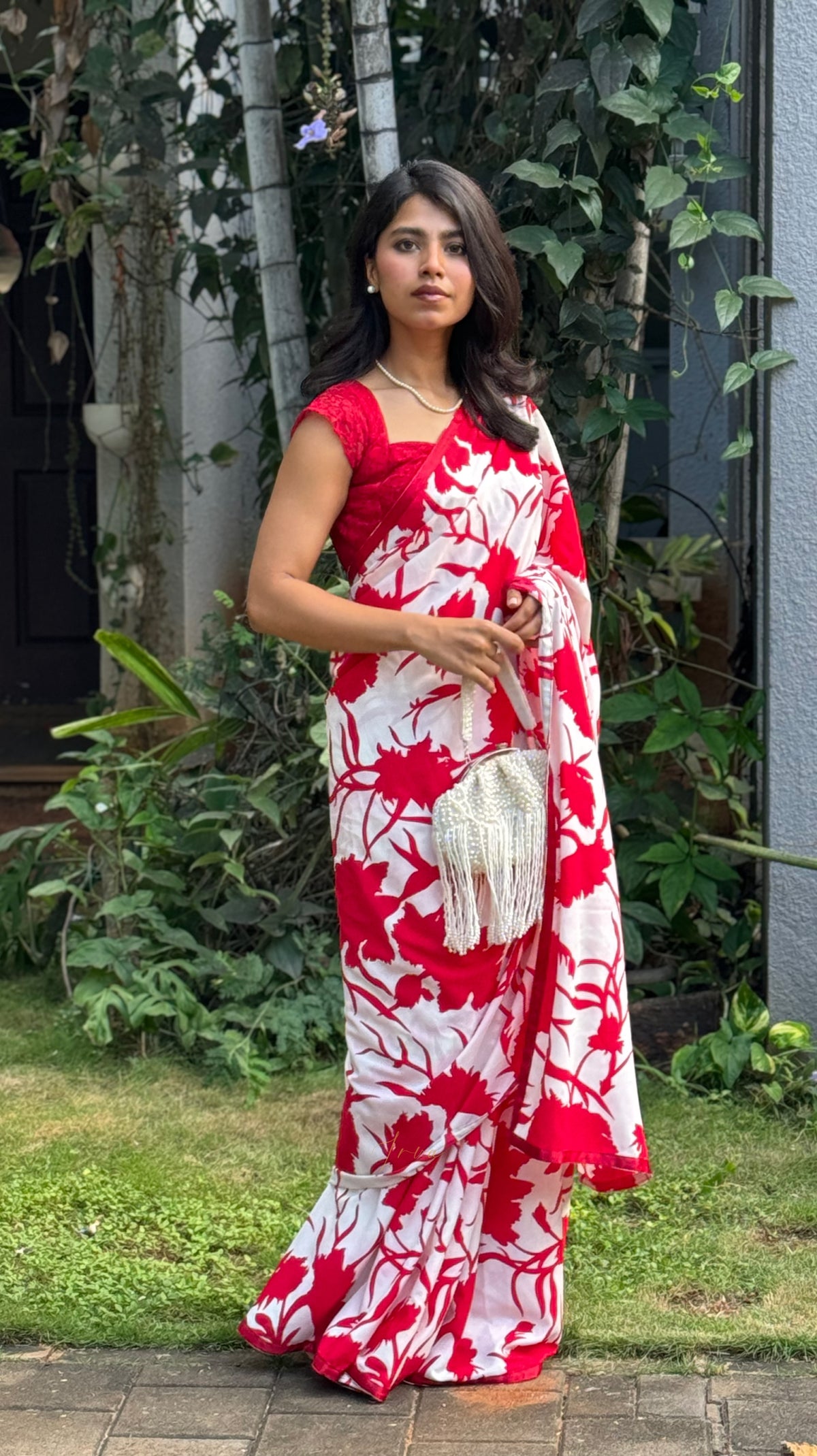 Printed Red Saree with Lace Blouse