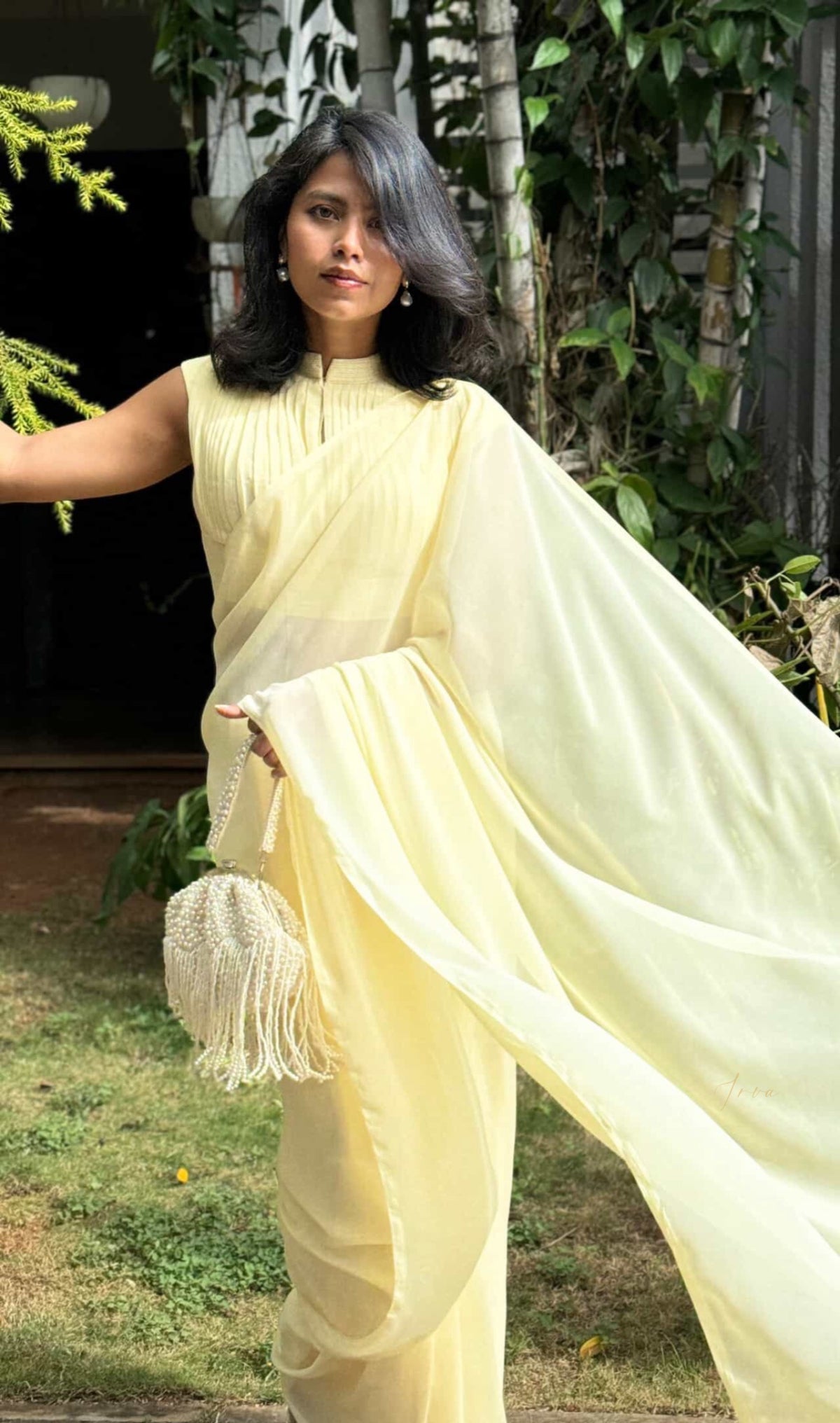 Butter Yellow Pleated blouse Georgette saree