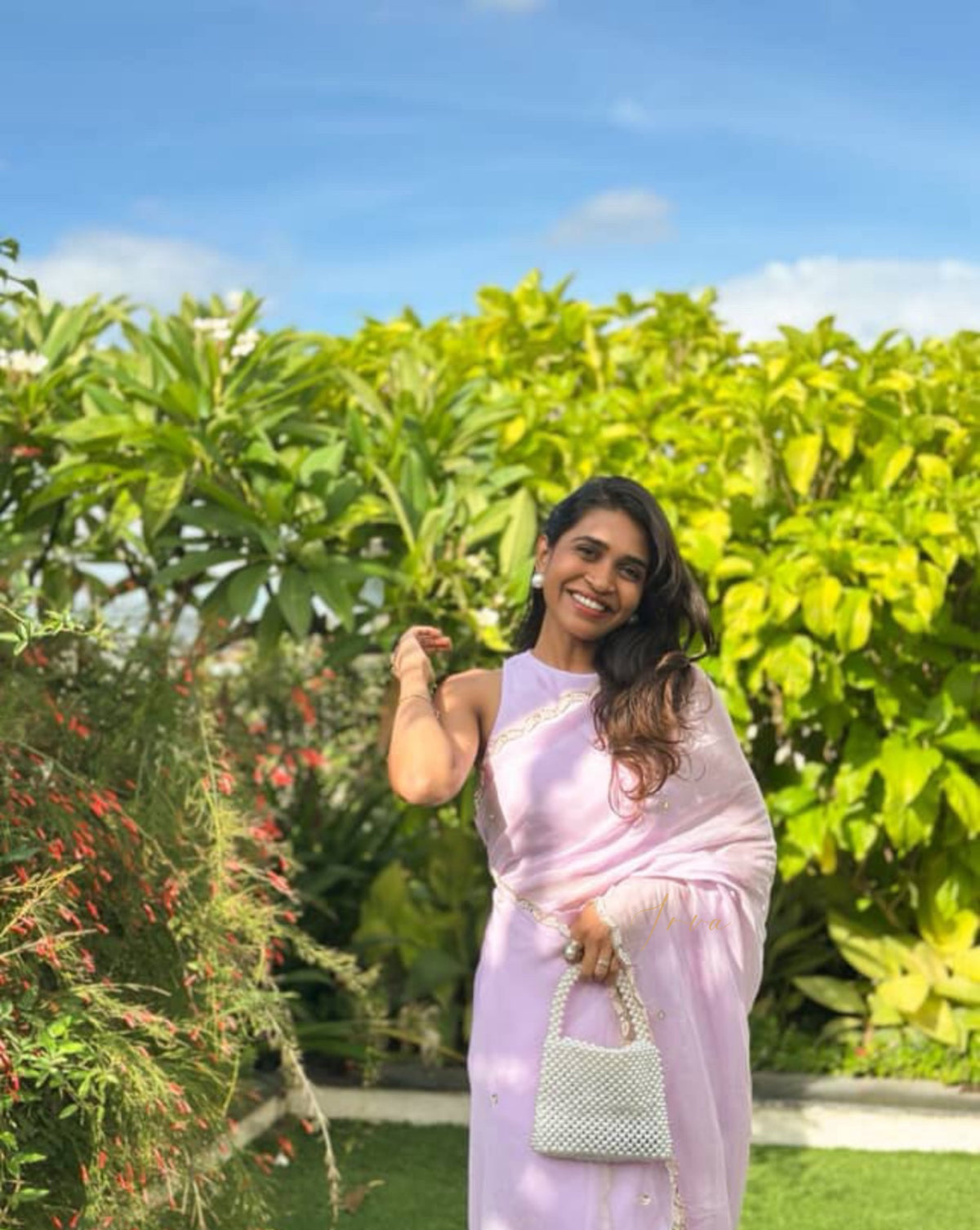Light Lavender Pearl Scallop Organza saree