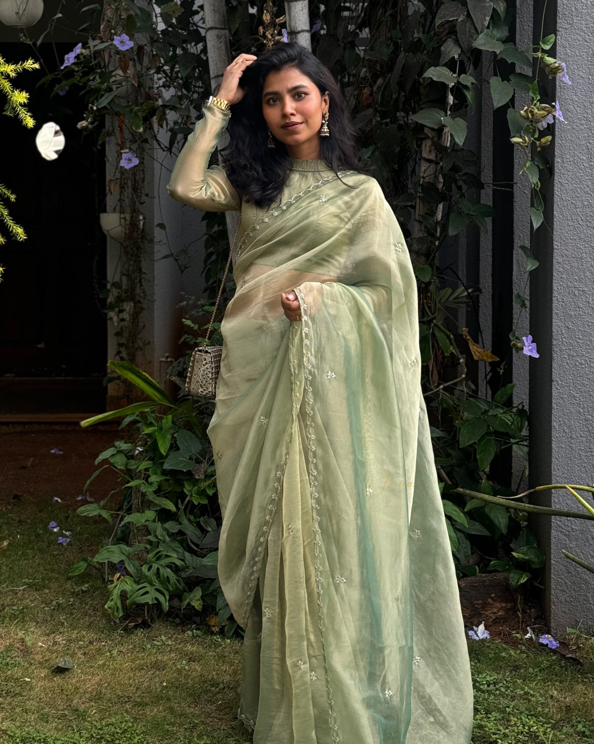 Green blended Scallop Tissue Saree