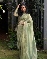 Green blended Scallop Tissue Saree