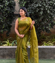 Mehendi Green Organza Birds Embellished Saree