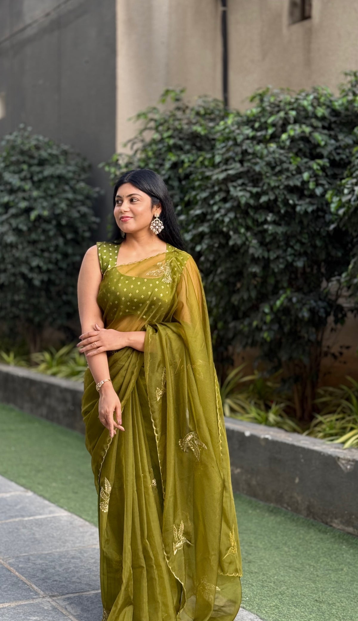 Mehendi Green Organza Birds Embellished Saree