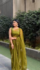 Mehendi Green Organza Birds Embellished Saree