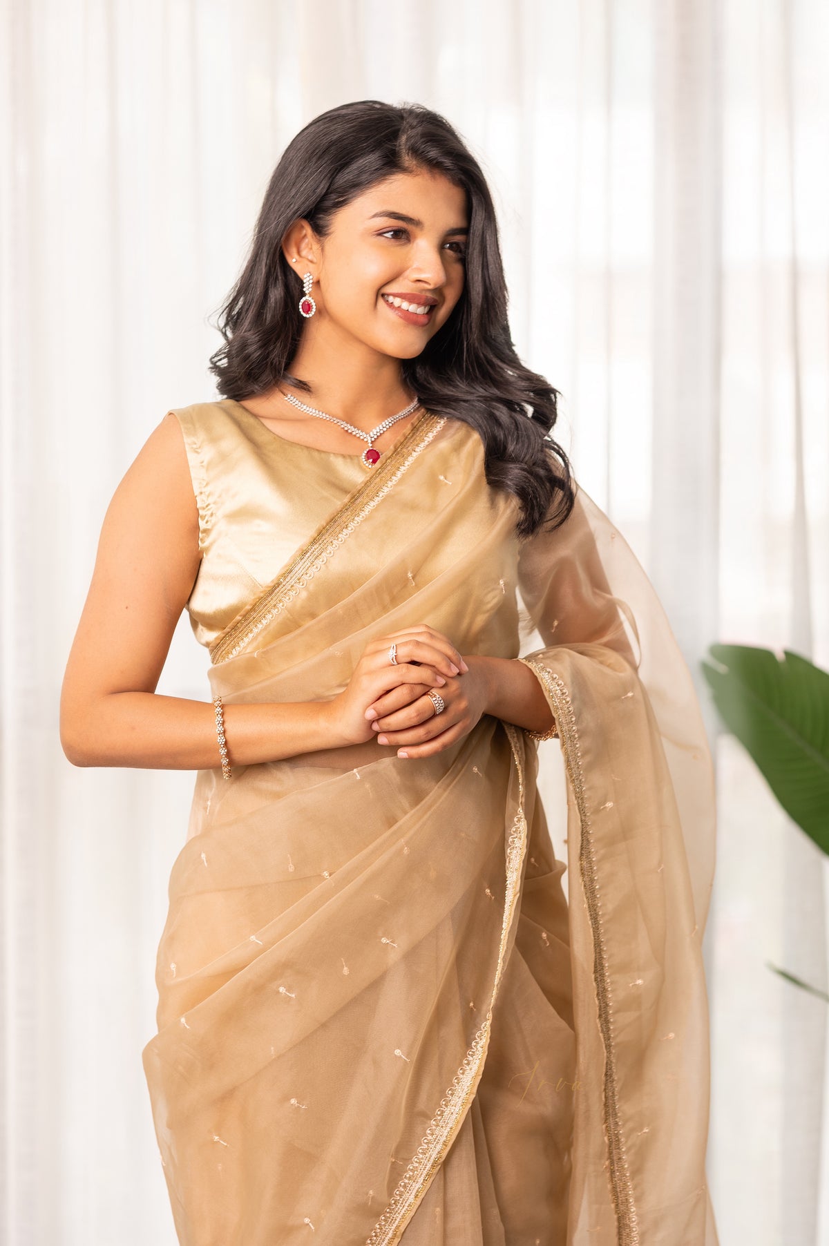 Light Beige Thread Work Organza Saree