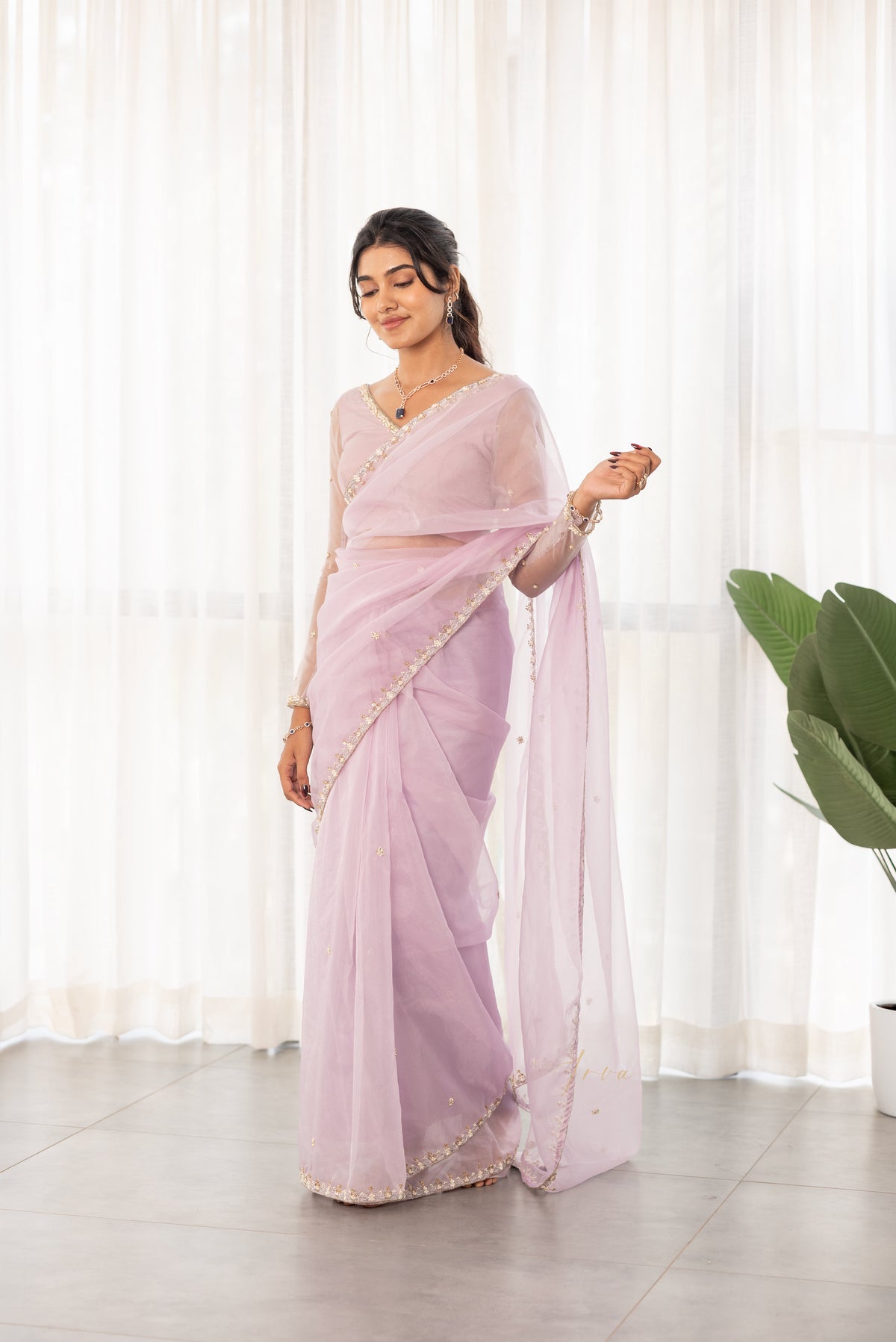 Lavender White Surai Work Organza Saree
