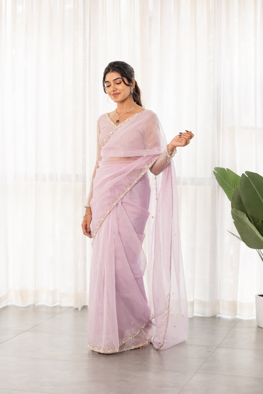 Lavender White Surai Work Organza Saree