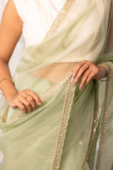 Light Apple Green Scallop Cut Bend Saree