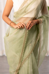 Light Apple Green Scallop Cut Bend Saree