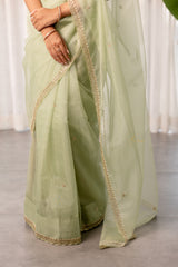 Light Apple Green Scallop Cut Bend Saree