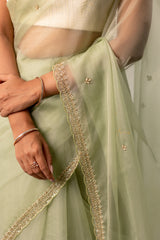 Light Apple Green Scallop Cut Bend Saree