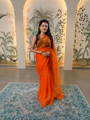 Orange Embroidered Organza Saree