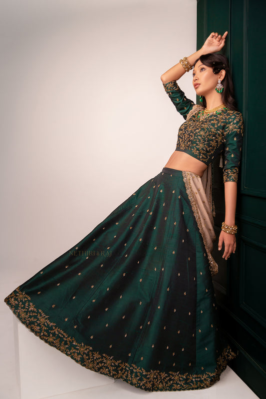Deep Green Raw Silk Lehenga