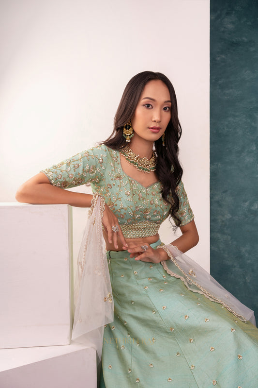 Turquoise Tissue Raw Silk Lehenga