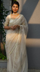 Ivory Organza Scallop Saree