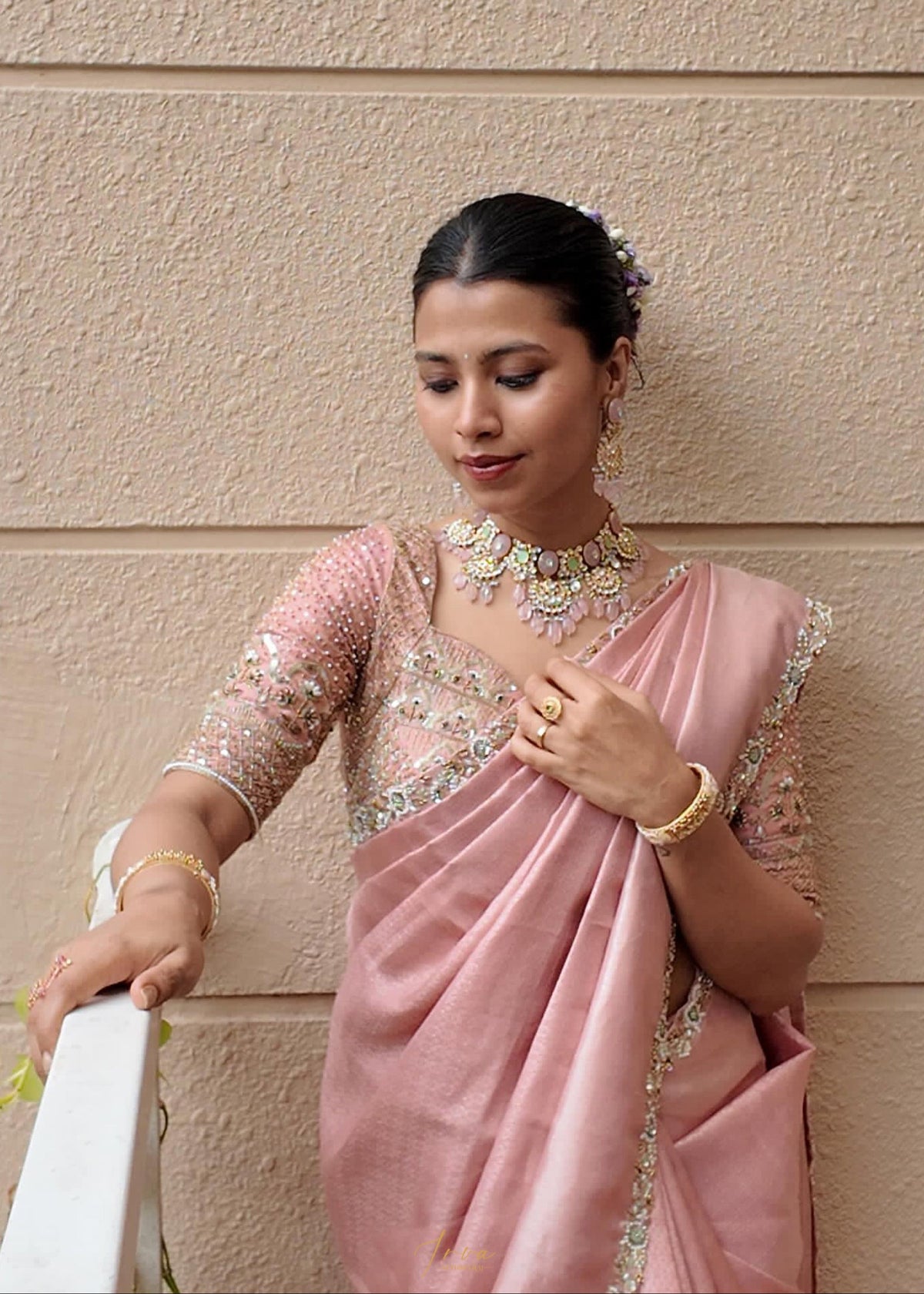 Peach Silk Saree With Handwork Border