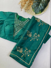 Forest Green Embroidered Organza Saree
